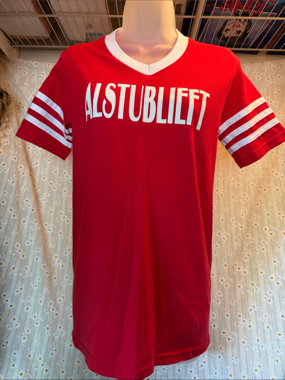 Vintage Red V-Neck Graphic Tee with White Stripe Sleeves